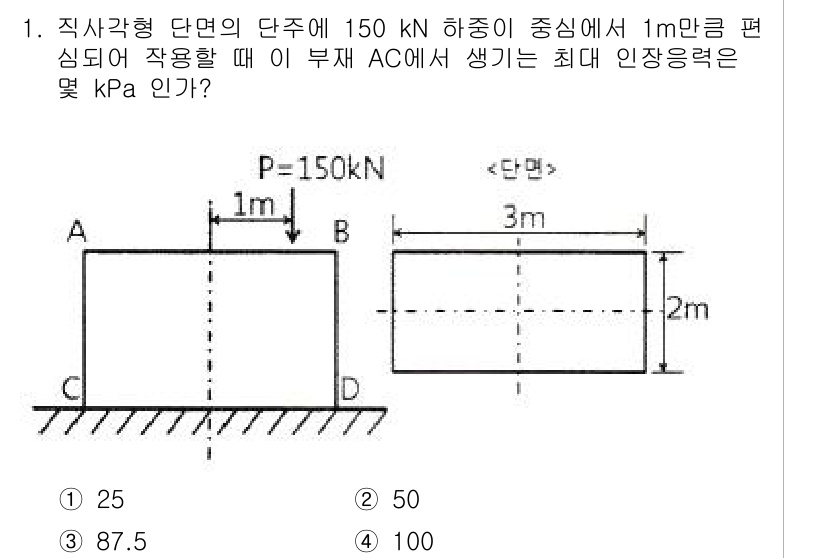 기계설계기사 2021년 1번 - 직사각형 단면에서 최대 인장응력은 하중 P와 단면적 A의 비율로 계산됩니... 에 관한 핵심 기출문제
