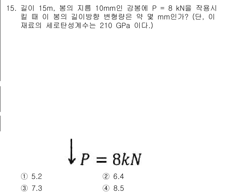 기계설계기사 2021년 15번 - 이 문제는 재료의 변형량을 계산하는 문제입니다. 주어진 인장 하중과 봉의... 에 관한 핵심 기출문제