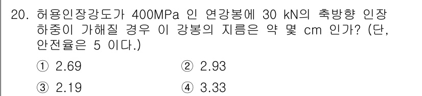 기계설계기사 2021년 20번 - 이 문제는 허용응력과 안전율을 고려하여 강봉의 지름을 구하는 문제입니다.... 에 관한 핵심 기출문제