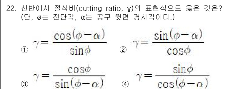 기계설계기사 2021년 22번 - 주어진 문제에서 절삭비(cutting ratio, γ)의 표현식을 올바르... 에 관한 핵심 기출문제