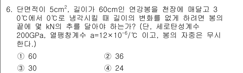기계설계기사 2021년 6번 - 이 문제는 열팽창에 따른 변형량과 응력을 계산하는 문제입니다. 주어진 열... 에 관한 핵심 기출문제