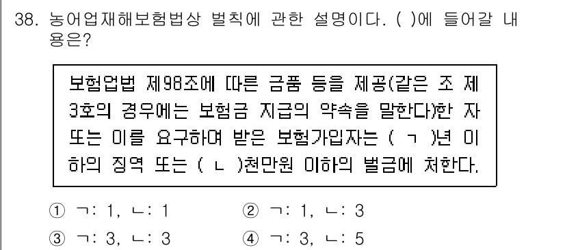 손해평가사 2021년 38번 - 이 문제는 보험법 제98조에 따른 금품 제공에 관한 규정을 묻고 있습니다... 에 관한 핵심 기출문제