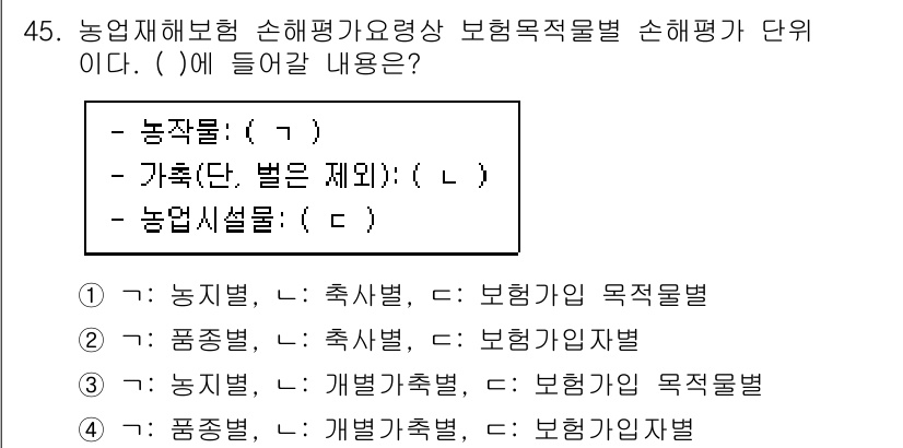 손해평가사 2021년 45번 - 주어진 문제는 농업 재해보험 손해평가에서의 구조를 이해하는 질문입니다. ... 에 관한 핵심 기출문제