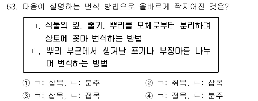 손해평가사 2021년 63번 - 주어진 설명에서 식물의 변식 방법은 "식물의 잎, 줄기, 뿌리"를 모체로... 에 관한 핵심 기출문제