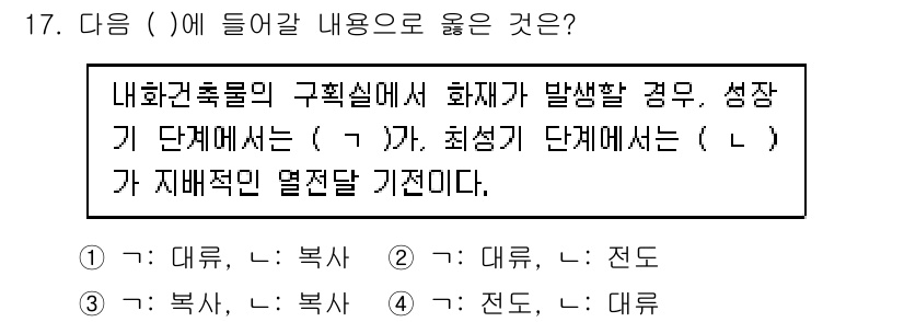 소방시설관리사 2021년 17번 - 내화건축물의 구획실에서 화재가 발생할 경우, 성장기 단계에서는 대류가 주... 에 관한 핵심 기출문제