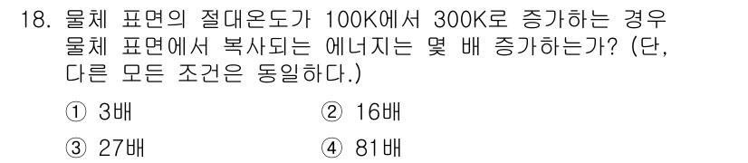 소방시설관리사 2021년 18번 - 물체의 절대온도가 100K에서 300K로 증가할 때, 복사에너지는 절대온... 에 관한 핵심 기출문제
