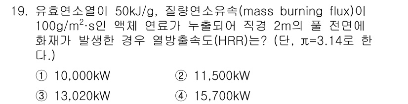 소방시설관리사 2021년 19번 - 열방출속도(HRR)는 유효연소열과 질량연소속도를 곱하여 계산됩니다. 주어... 에 관한 핵심 기출문제
