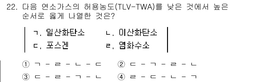 소방시설관리사 2021년 22번 - 정답 '3'은 각 물질의 허용농도 순서를 기준으로 합니다. 일반화탄소는 ... 에 관한 핵심 기출문제