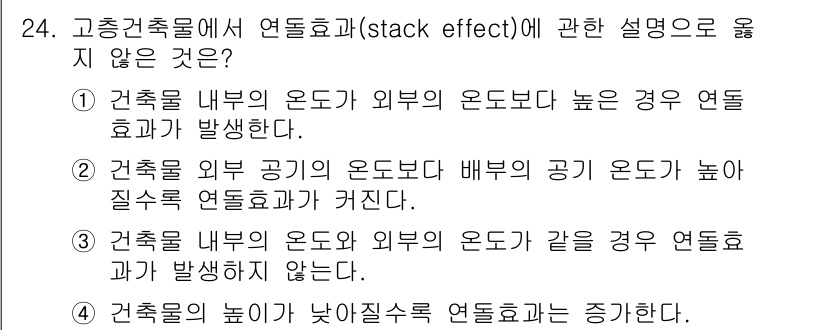 소방시설관리사 2021년 24번 - 연돌효과는 내부와 외부의 온도 차에 따라 발생하는 현상으로, 온도가 높은... 에 관한 핵심 기출문제