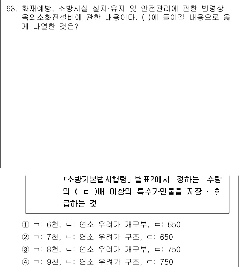 소방시설관리사 2021년 63번 - 정답 '4'는 관련 법령에서 정한 수량의 기준을 충족하고, 특정 구조의 ... 에 관한 핵심 기출문제