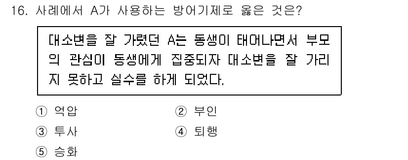 청소년상담사_2급(1교시)(구) 2020년 16번 - 주어진 사례에서 A는 동생의 태어나면서 부모의 관심이 동생에게 집중돼 자... 에 관한 핵심 기출문제