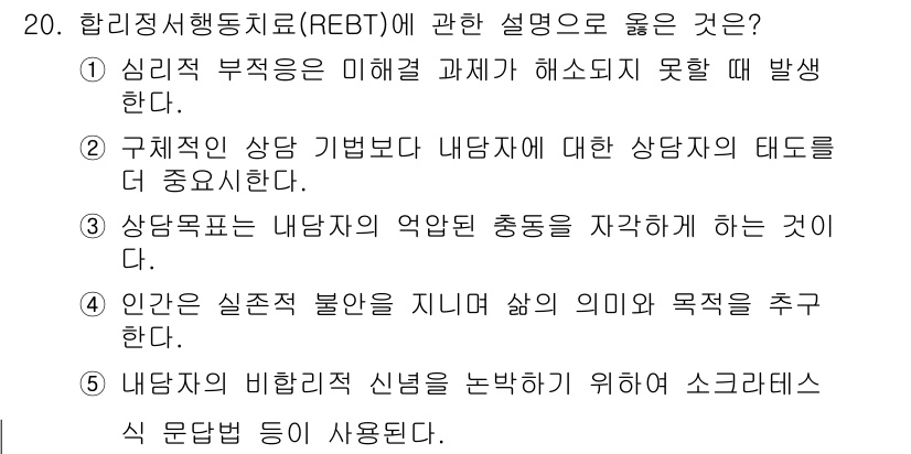 청소년상담사_2급(1교시)(구) 2020년 20번 - REBT(합리 정서 행동 치료)는 비합리적 신념을 수정하여 감정과 행동을... 에 관한 핵심 기출문제