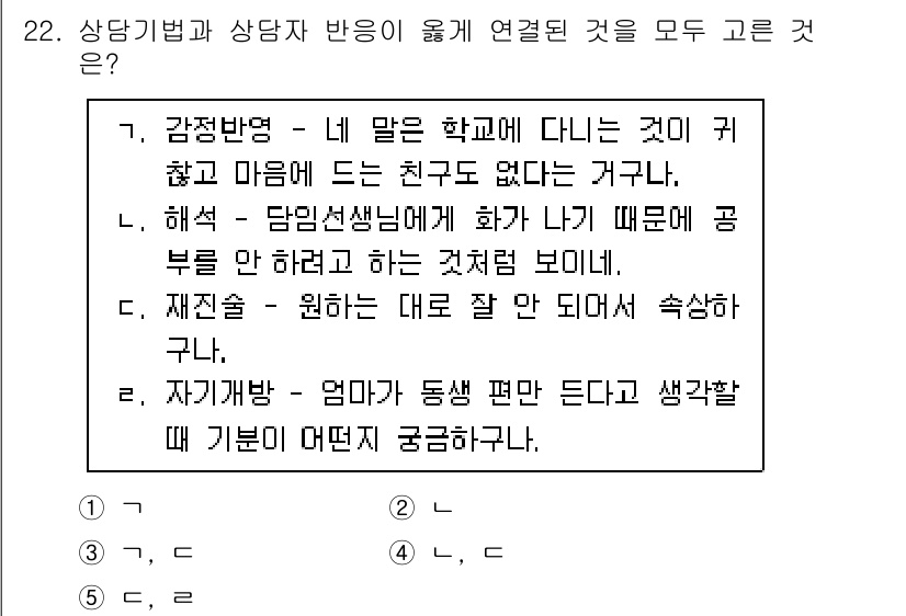 청소년상담사_2급(1교시)(구) 2020년 22번 - 문제에서 제시된 선택지들은 상담기법과 상담자의 반응 간의 적절한 연결성을... 에 관한 핵심 기출문제