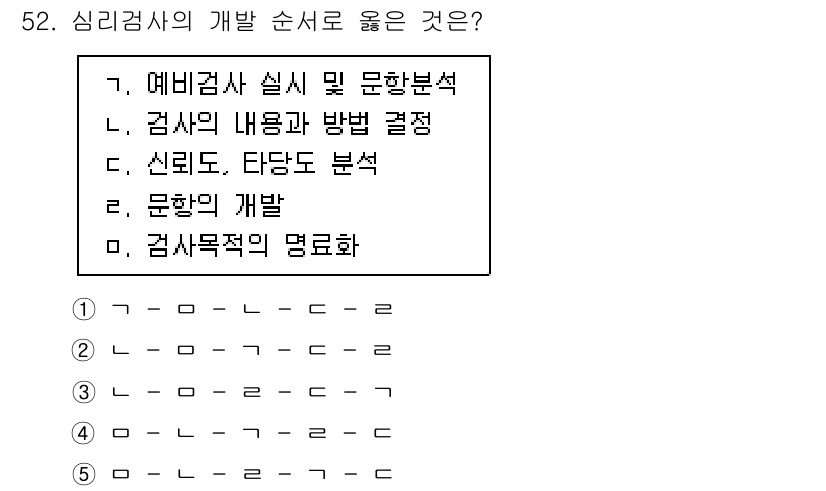청소년상담사_2급(1교시)(구) 2020년 52번 - 심리검사의 개발 순서는 예비검사 실시 및 문항 분석 → 검사 내용과 방법... 에 관한 핵심 기출문제