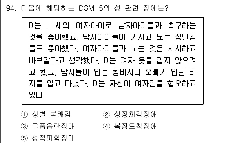 청소년상담사_2급(1교시)(구) 2020년 94번 - 이 문제는 DSM-5의 성 관련 장애에 관한 것으로, 주어진 사례는 성별... 에 관한 핵심 기출문제