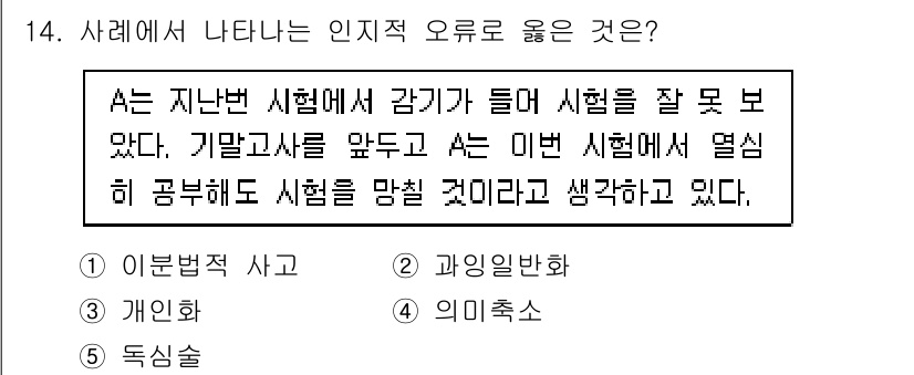 청소년상담사_2급(1교시) 2020년 14번 - 주어진 사례에서 A는 이전 시험의 실패로 인해 자신감을 잃고 이번 시험에... 에 관한 핵심 기출문제