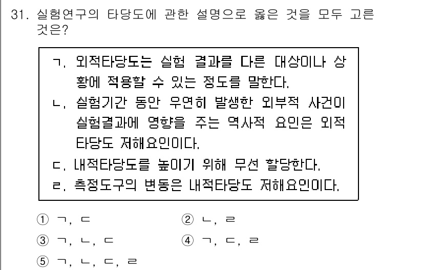 청소년상담사_2급(1교시) 2020년 31번 - 문제는 실험 연구에서의 타당도에 관한 설명을 묻고 있습니다. 정답인 '4... 에 관한 핵심 기출문제