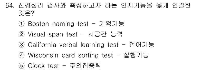 청소년상담사_2급(1교시) 2020년 64번 - 'Wisconsin card sorting test'는 인지 기능 중 실... 에 관한 핵심 기출문제