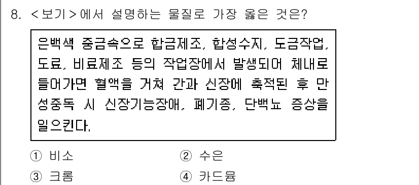 9급_지방직_공무원_서울시_공중보건 2021년 8번 - 문제에서 설명하는 질병은 '카드뮴'과 관련된 것으로, 카드뮴은 비소, 수... 에 관한 핵심 기출문제