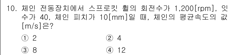 9급_지방직_공무원_서울시_기계일반 2021년 10번 - 주어진 조건에서 체인 피치가 10mm, 회전 속도가 1200rpm인 경우... 에 관한 핵심 기출문제