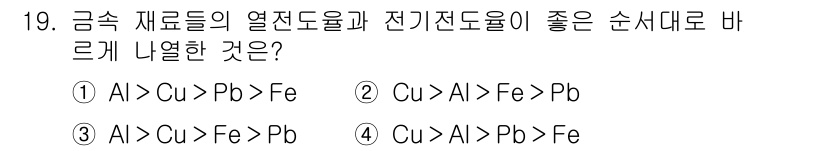 9급_지방직_공무원_서울시_기계일반 2021년 19번 - 금속 재료의 열전도율과 전기전도율에 대한 순서는 이들 물질의 물리적 성질... 에 관한 핵심 기출문제