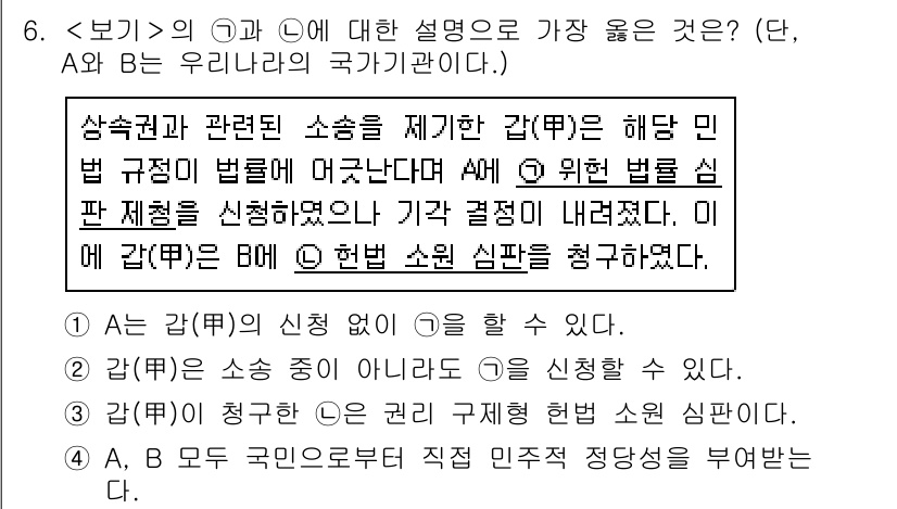 9급_지방직_공무원_서울시_사회 2021년 6번 - 주어진 문제에서 핵심은 A와 B가 우리나라의 국가기관임을 전제로 하여, ... 에 관한 핵심 기출문제