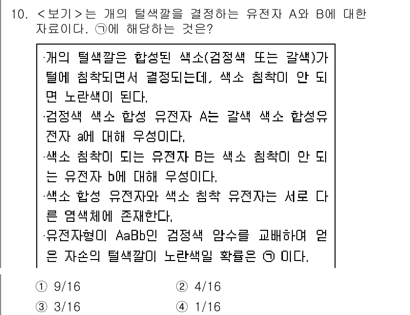 9급_지방직_공무원_서울시_생물 2021년 10번 - 이 문제에서 주어진 유전자형 A와 B는 각각 갈색 색소 함성 유전자와 색... 에 관한 핵심 기출문제