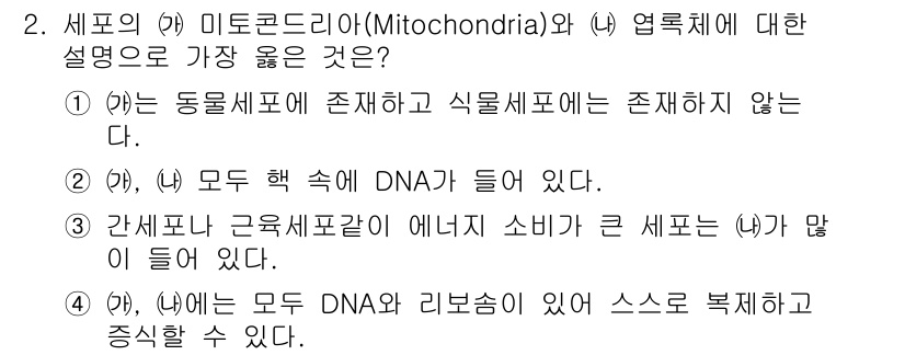 9급_지방직_공무원_서울시_생물 2021년 2번 - 미토콘드리아는 동물세포와 식물세포 모두에 존재하며, 독립된 DNA와 리보... 에 관한 핵심 기출문제