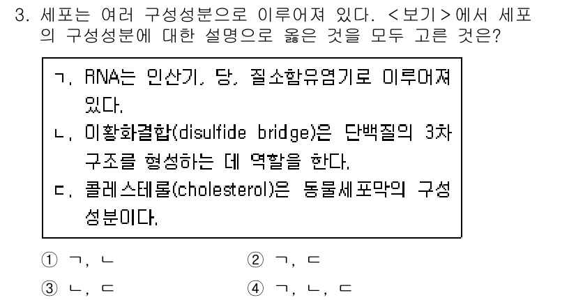 9급_지방직_공무원_서울시_생물 2021년 3번 - 정답이 '4'인 이유는 다음과 같습니다. 첫 번째 설명에서 RNA는 올바... 에 관한 핵심 기출문제