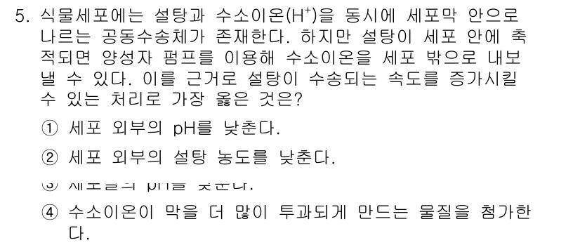 9급_지방직_공무원_서울시_생물 2021년 5번 - 정답이 '1'인 이유는 세포 외부의 pH를 낮추면 수소 이온(H+)의 농... 에 관한 핵심 기출문제