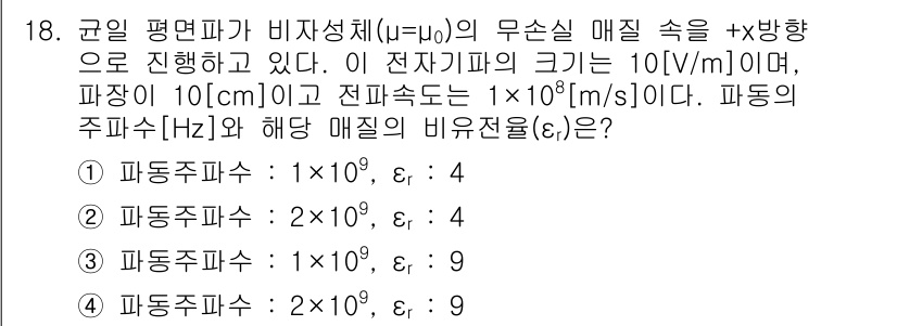 9급_지방직_공무원_서울시_전기이론 2021년 18번 - 이 문제는 주어진 전기장과 파장의 관계를 활용하여 비유전율(ε_r)을 계... 에 관한 핵심 기출문제