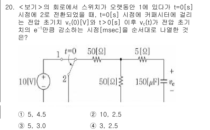 9급_지방직_공무원_서울시_전기이론 2021년 20번 - 이 문제는 R-C 회로에서의 전압 변화에 관한 것입니다. 전압 vc(t)... 에 관한 핵심 기출문제