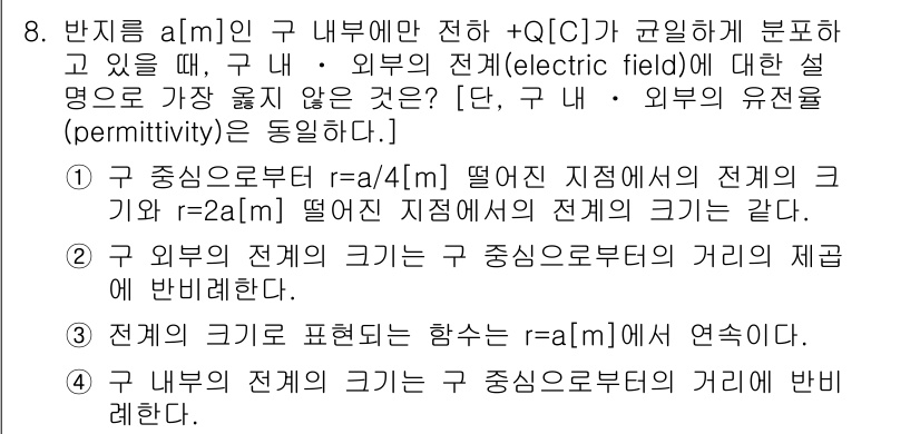 9급_지방직_공무원_서울시_전기이론 2021년 8번 - 구 내부에 전하가 균일하게 분포하고 있을 때, 구 내부의 전기장은 구 중... 에 관한 핵심 기출문제