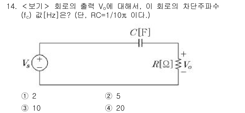 9급_지방직_공무원_서울시_전자공학개론 2021년 14번 - 주어진 회로에서 차단 주파수(fc)는 \( fc = \frac{1}{2\... 에 관한 핵심 기출문제