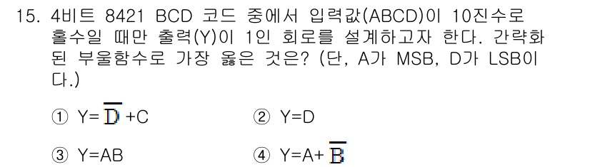 9급_지방직_공무원_서울시_전자공학개론 2021년 15번 - BCD 코드에서 홀수일 때 출력이 1이 되어야 합니다. 주어진 BCD 입... 에 관한 핵심 기출문제