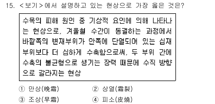 9급_지방직_공무원_서울시_조경계획및생태관리 2021년 15번 - 주어진 설명은 겨울철 수간에서 나타나는 수목의 피해 현상에 대해 다루고 ... 에 관한 핵심 기출문제
