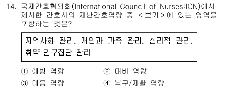 9급_지방직_공무원_서울시_지역사회간호 2021년 14번 - '3. 대응 역량'이 정답인 이유는, 국제간호협회의 재난간호 역량 중 에... 에 관한 핵심 기출문제