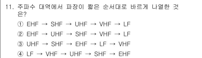 9급_지방직_공무원_서울시_통신이론 2021년 11번 - 주파수 대역의 구분 순서는 EHF, SHF, UHF, VHF, LF 순으... 에 관한 핵심 기출문제