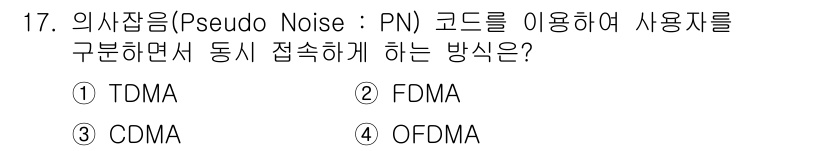 9급_지방직_공무원_서울시_통신이론 2021년 17번 - 정답은 '3' CDMA입니다. CDMA는 의사잡음(PN) 코드를 사용하여... 에 관한 핵심 기출문제