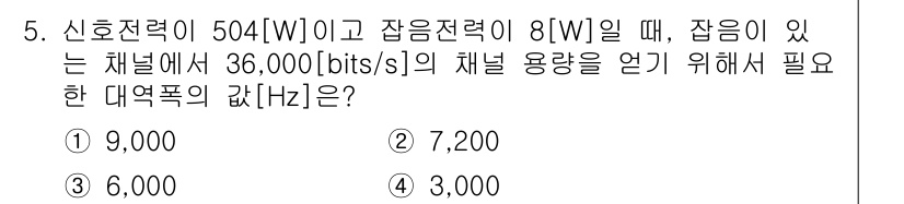 9급_지방직_공무원_서울시_통신이론 2021년 5번 - 이 문제는 신호 대 잡음비(SNR)와 채널 용량을 이용해 대역폭을 계산하... 에 관한 핵심 기출문제