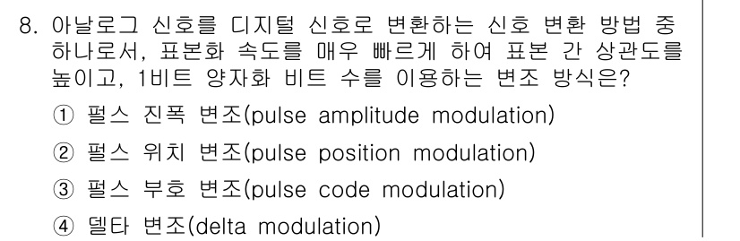 9급_지방직_공무원_서울시_통신이론 2021년 8번 - 델타 변조(delta modulation)는 아날로그 신호를 디지털 신호... 에 관한 핵심 기출문제