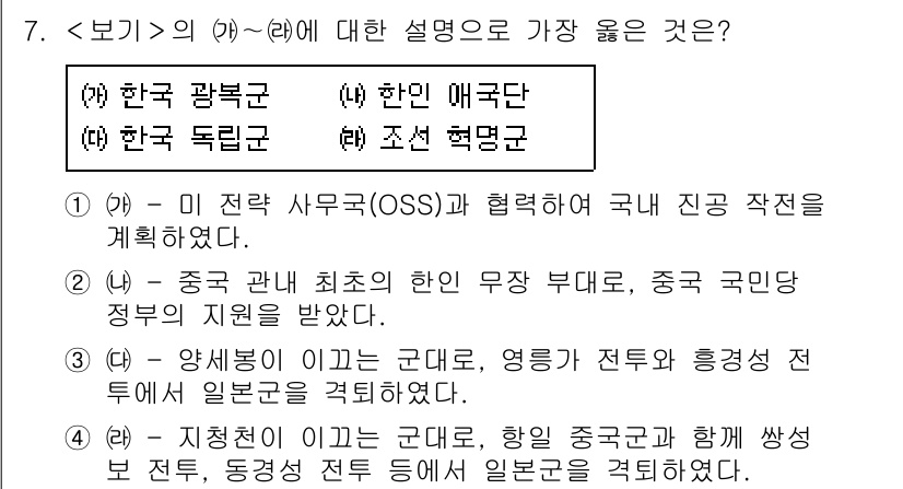 9급_지방직_공무원_서울시_한국사 2021년 7번 - 주어진 문제에서 '(가)'의 내용은 한국 광복군에 대한 설명으로, OSS... 에 관한 핵심 기출문제