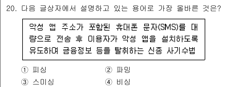 전자상거래운용사 2021년 20번 - 주어진 내용은 악성 앱을 설치하도록 유도해 금융 정보를 탈취하는 수법을 ... 에 관한 핵심 기출문제