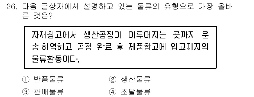 전자상거래운용사 2021년 26번 - 주어진 글상자에서 설명하는 물류 유형은 '생산물류'입니다. 이 설명은 자... 에 관한 핵심 기출문제