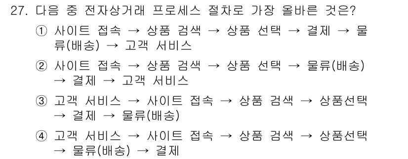 전자상거래운용사 2021년 27번 - 정답인 '1'번은 전자상거래의 기본적인 흐름을 잘 나타냅니다. 소비자는 ... 에 관한 핵심 기출문제