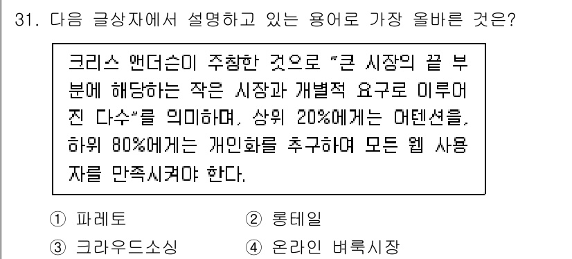 전자상거래운용사 2021년 31번 - 해당 글에서 설명하는 내용은 '80-20 법칙(파레토 법칙)'에 관한 것... 에 관한 핵심 기출문제