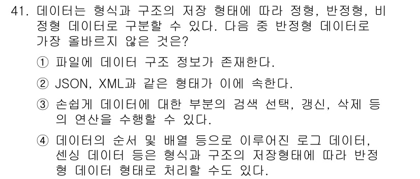 전자상거래운용사 2021년 41번 - 정답인 '3'번은 비정형 데이터의 특성과 관련이 있습니다. 비정형 데이터... 에 관한 핵심 기출문제