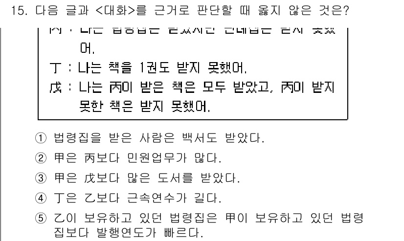 PSAT_상황판단 2021년 15번 - 주어진 대화에서 T는 책을 전혀 받지 못했다고 하고, S는 자신의 책은 ... 에 관한 핵심 기출문제