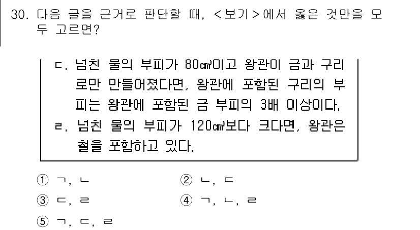 PSAT_상황판단 2021년 30번 - 주어진 조건을 살펴보면, 첫 번째 문장은 금부피가 80cm³일 때의 상황... 에 관한 핵심 기출문제