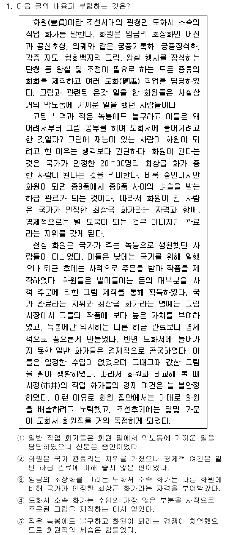 PSAT_언어논리 2021년 1번 - 주어진 글에서 핵심 내용은 '화원'이라는 직업의 특성과 그에 따라 파생되... 에 관한 핵심 기출문제